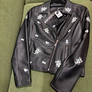 Design Lab Black with Flowers Vegan Moto Jacket NWT SIZE M